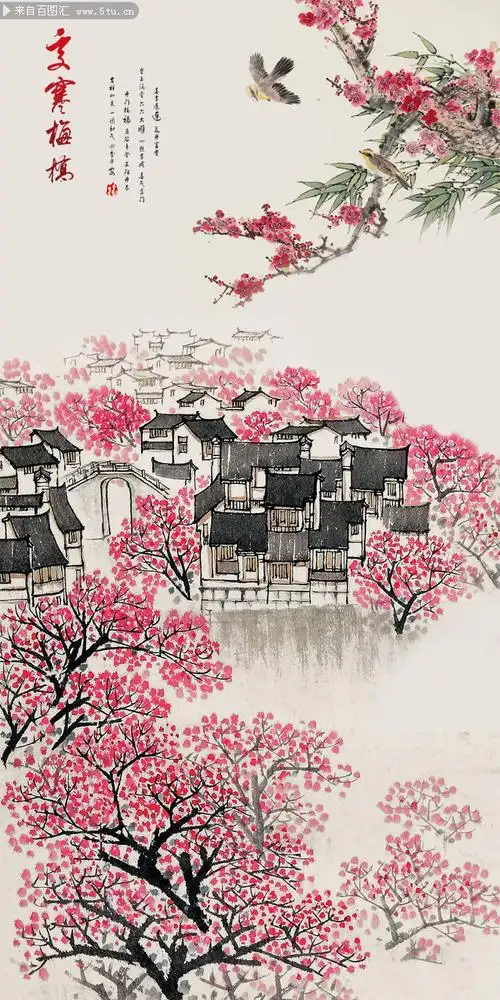 国画桃花水墨画江南风情图片