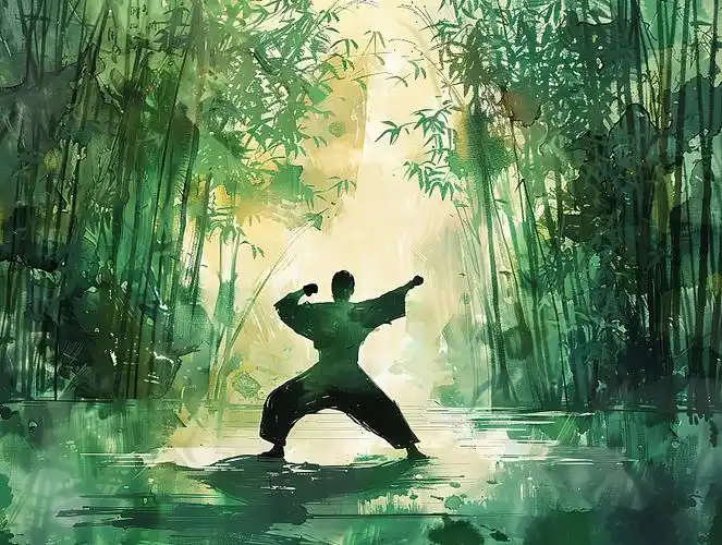 ai数字艺术中国功夫水墨画中国画水墨功夫两个人竹林水墨打斗
