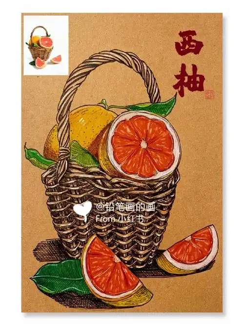 水果线描彩铅写生西柚写生少儿美术
