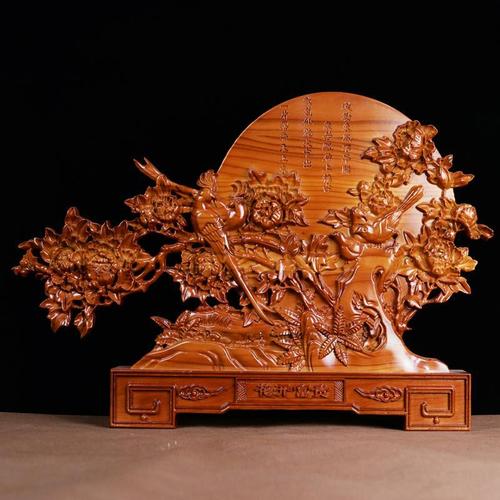 桃木花开富贵摆件木雕花鸟台屏吉祥如意家居办公室客厅工艺品