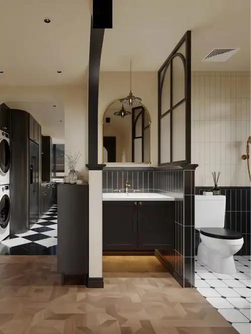 干湿分区的卫生间设计,整体以咖黑色为主,酷酷的卫生间和厨房.