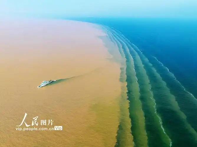 山东东营黄河入海口现黄蓝交汇景观