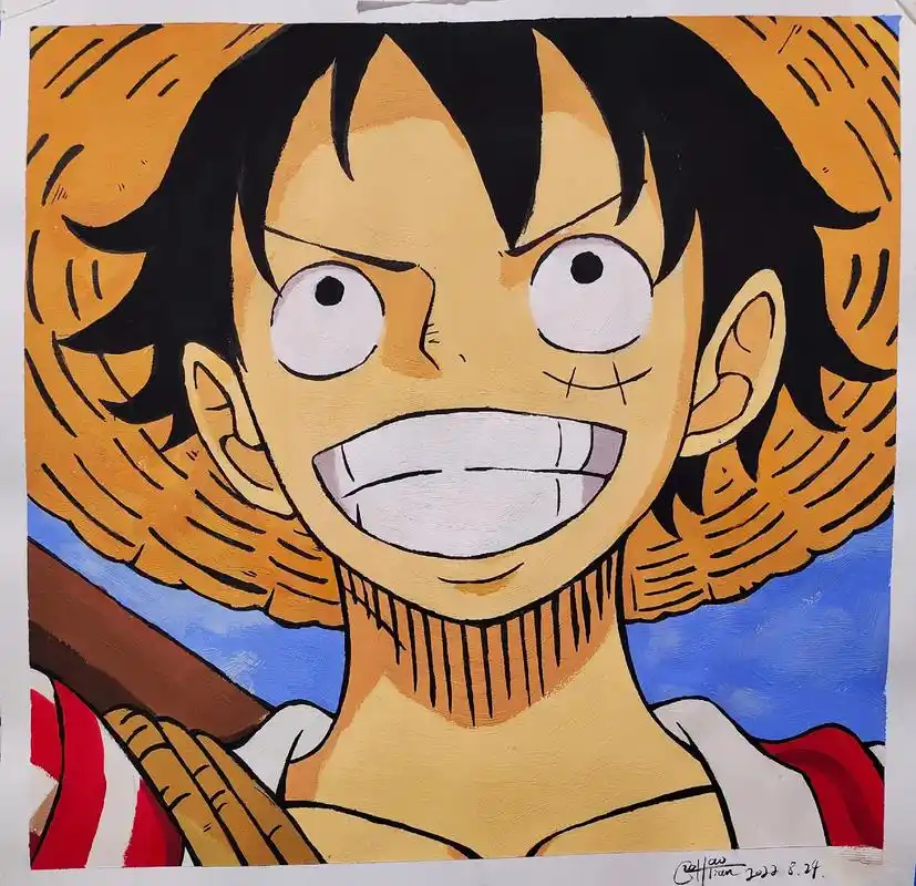 海贼王手绘(水粉上色,黑色勾线笔勾型)水粉也能画动漫 路飞是 - 抖音