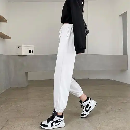 白色运动裤女宽松束脚春夏薄款显瘦百搭小个子八分休闲哈伦卫裤潮