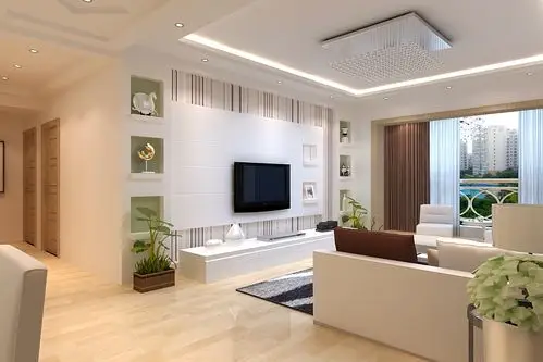 电视背景墙用素色的墙纸进行铺贴,整体看上去简洁大气,客厅,春色,墙面