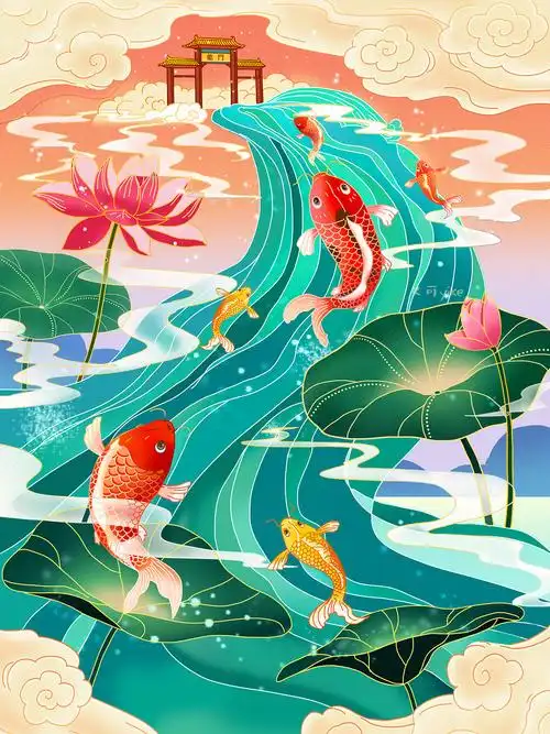 鲤鱼跃龙门插画