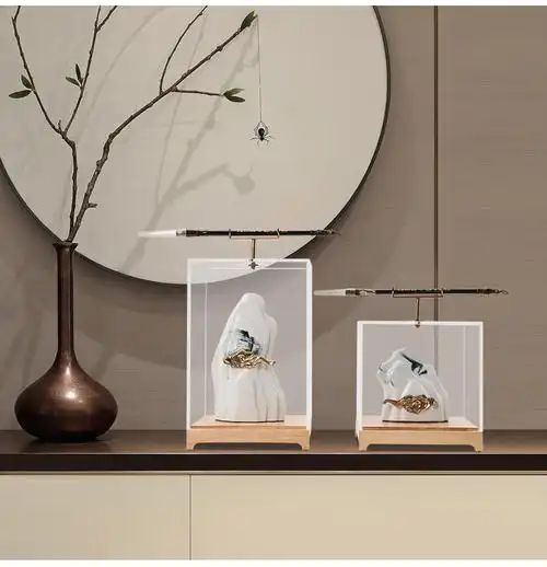 新中式售楼处样板房办公室书房书柜陶瓷假山毛笔架禅意装饰品摆件