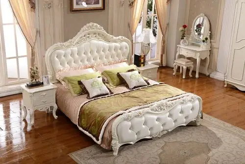 玖九玖欧式风格米白色超纤皮皮艺床