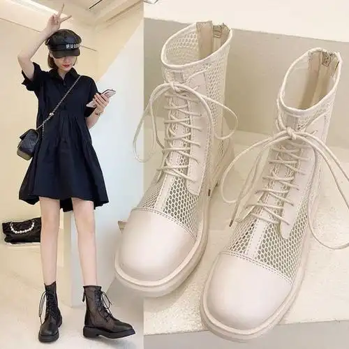 高品质后拉链马丁靴女夏季凉鞋网纱镂空炸街小短靴子薄款透气单靴米