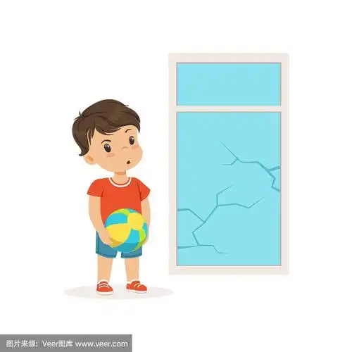 可爱的小恶霸用球打碎了窗户