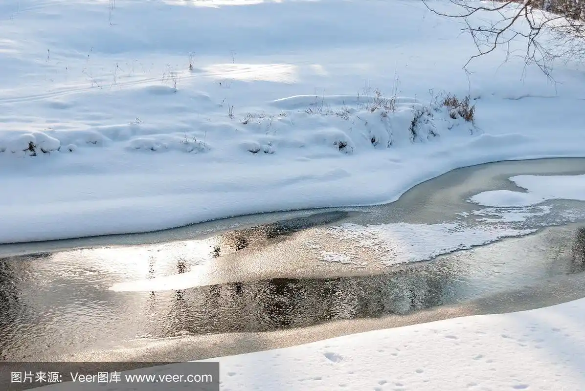 在有雪和冰的河边的开放的水