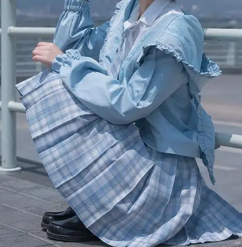 jk半身百褶裙中裙短裙制服蓝色色格果汁现货半身裙