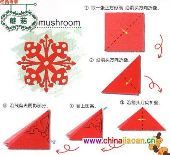 剪纸图案小小蘑菇三角折剪