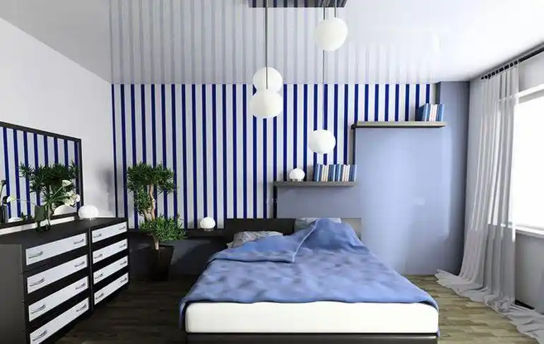 蓝色91-120平米三居室清新地中海风格卧室壁纸装修效果图