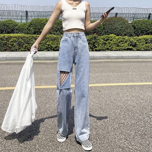 破洞牛仔裤女2021夏季新款宽松高腰显瘦显高ins潮阔腿渔网拖地裤