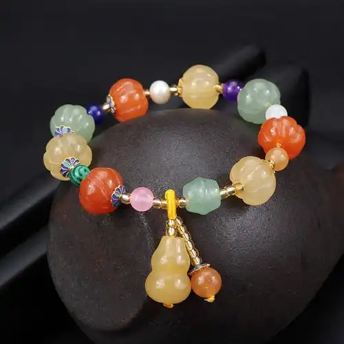 新款新疆金丝玉手链雕刻南瓜珠玉石手链七彩玉男女款民族风手链