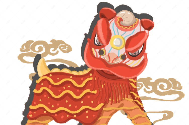 国潮系列手绘中国风舞狮绣球祥云png