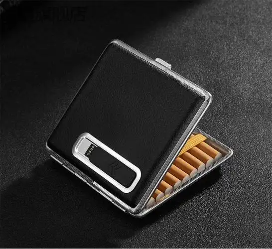 烟盒打火机一体充电 创意男士17支装充电皮烟盒打火机 常规款便携抗压