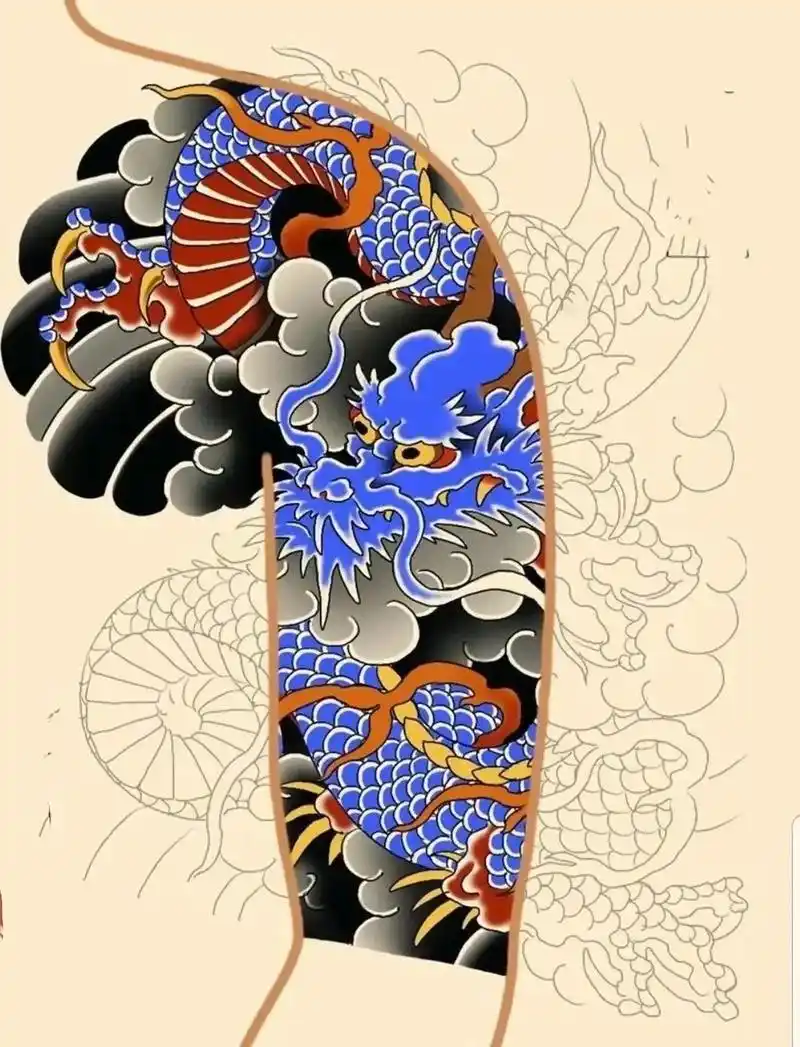 半甲龙纹身#老传统半甲#老传统半甲龙 半夹纹身手稿分享 - 兑音