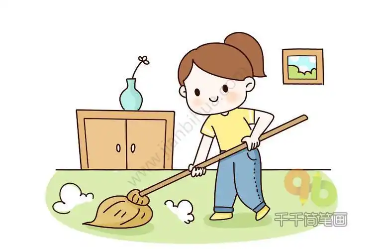 人物简笔画五一劳动节小女孩做家务扫地简笔画图片