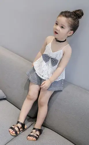 童装女宝宝套装大中小童夏季儿女童蕾丝吊带衫 格子短裤两件套装