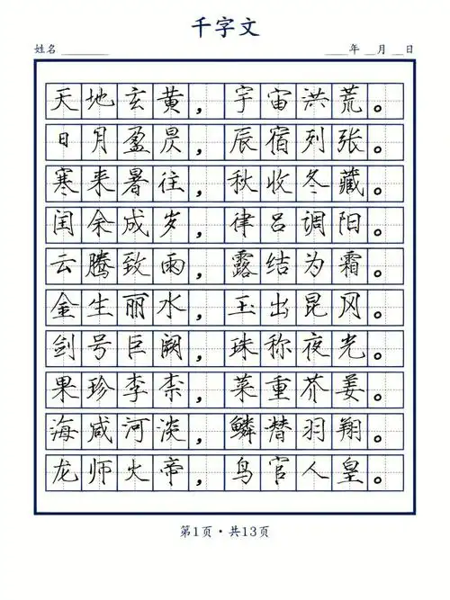 宋徽宗瘦金体代表作楷书千字文字帖