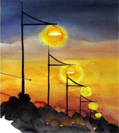 水彩画教程:傍晚的街灯