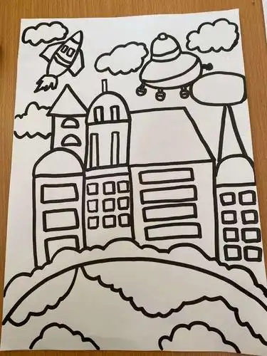 其它 科幻主题画 未来城市 写美篇1,首先准备一张纸,水彩笔,铅笔,马克