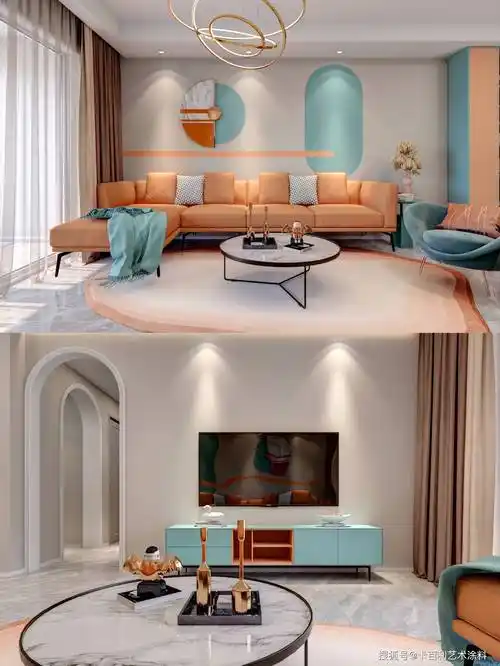 艺术涂料十大品牌| 客厅墙面搭配阳光橙与景泰蓝设计效果图_时分_元素