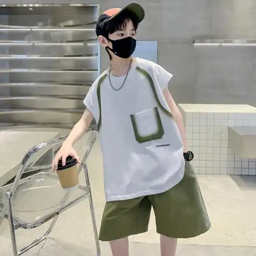 男童夏季背心坎肩套装无袖短袖大童2024新款儿童装男孩12岁潮酷帅