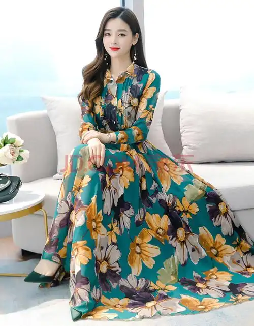 【高品质】【好质量】2021新款长袖过膝长裙气质流行立领碎花连衣裙女