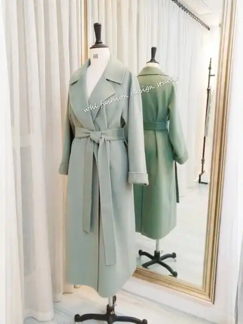豆沙绿腰带睡袍大衣款式