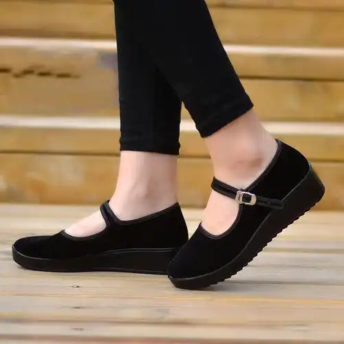老北京女黑布鞋平绒一带酒店工作鞋礼仪鞋平跟软底妈妈鞋广场舞鞋黑色