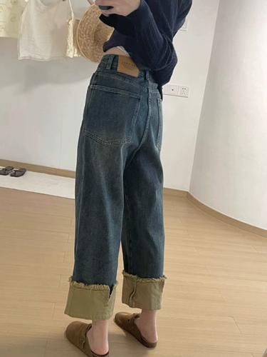 撞色卷边直筒牛仔裤子春秋款小个子高腰宽松九分阔腿裤卷裤脚女裤