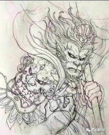我是雕刻师,一组孙悟空纹身素描雕刻手稿欣赏