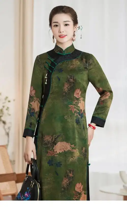高贵气质款长款旗袍 华族经典春季真丝香云纱旗袍桑蚕丝高端气质高贵