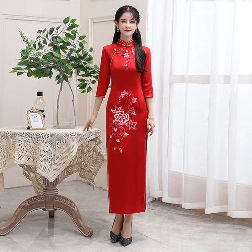 红色旗袍秋冬装长款七分袖中年女妈妈喜婆婆端庄大气婚礼服有大码