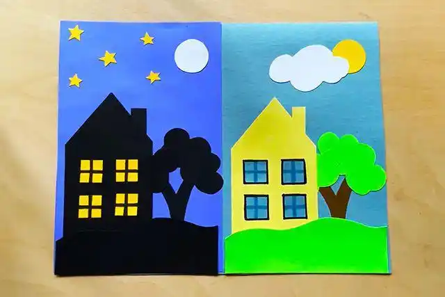 卡纸手工制作白天和黑夜拼贴画步骤图解