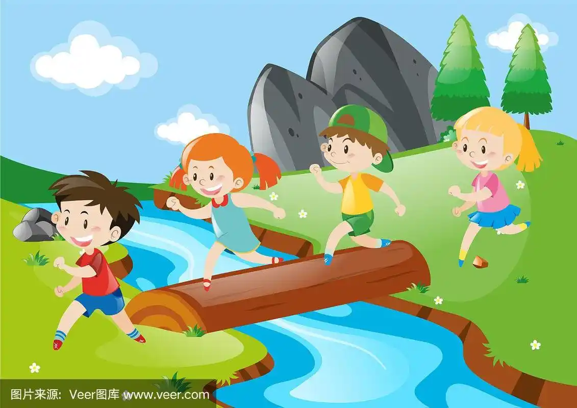 男孩和女孩正在过河