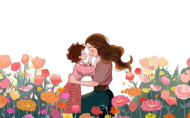 彩色卡通手绘母亲节温馨母女拥抱原创插画海报购物