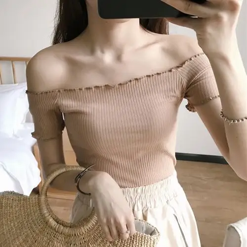 露肩上衣 一字肩 小露香肩_一字甜美无肩女夏修身小露香肩短袖lou露肩