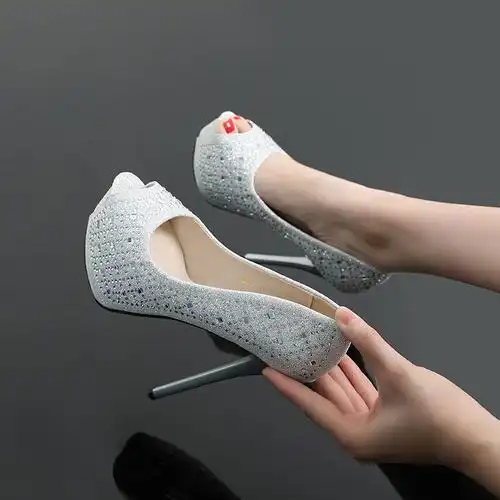 高跟鞋女14cm超高跟细跟防水台鱼嘴水钻主持走秀鞋性感夜店单鞋女