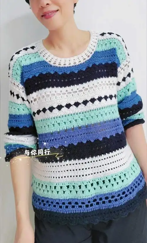 外网改版女士钩针圆领长袖套头衫