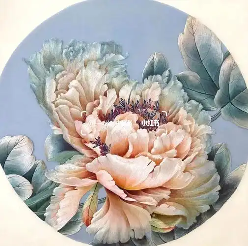 单面绣苏绣香槟色牡丹花花好月圆