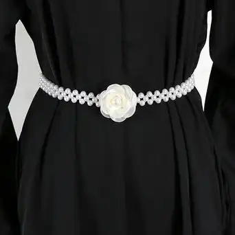 山茶花珍珠腰带女配连衣裙子高级感百搭花朵腰链装饰松紧腰封配饰