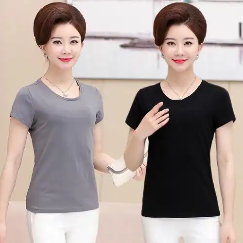 中老年汗衫女短袖全棉圆领