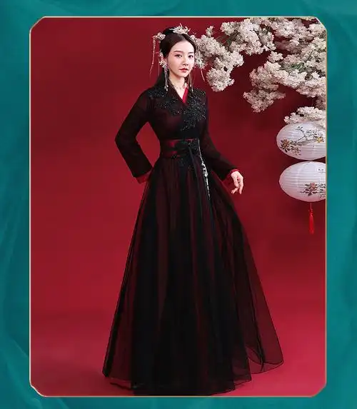 牵黛古风汉服女2021年春装新款仙侠古装飘逸中国风黑色齐腰襦裙长款