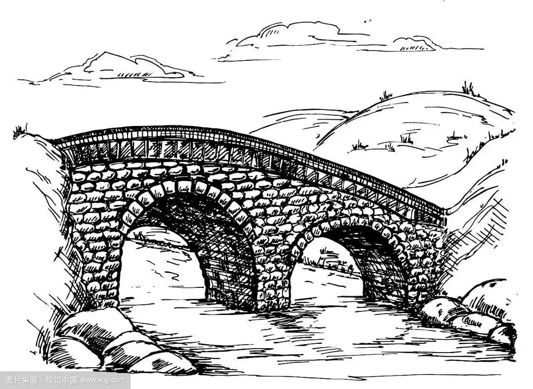 石桥上的河流景观素描复古