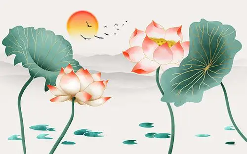 彩绘荷花装修背景墙