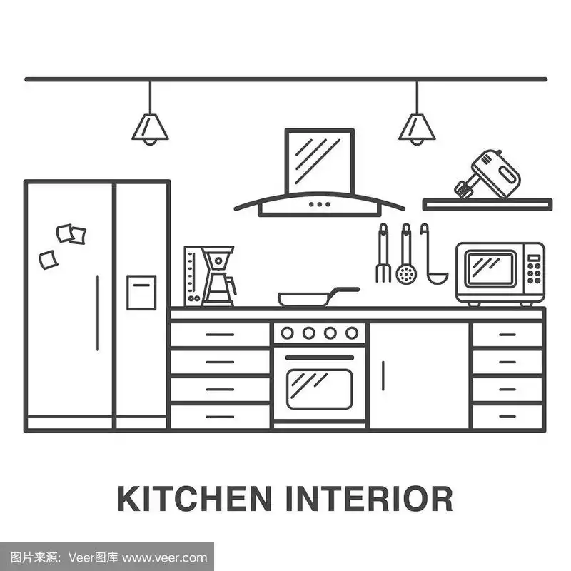 厨房插图与电器在线条艺术风格.
